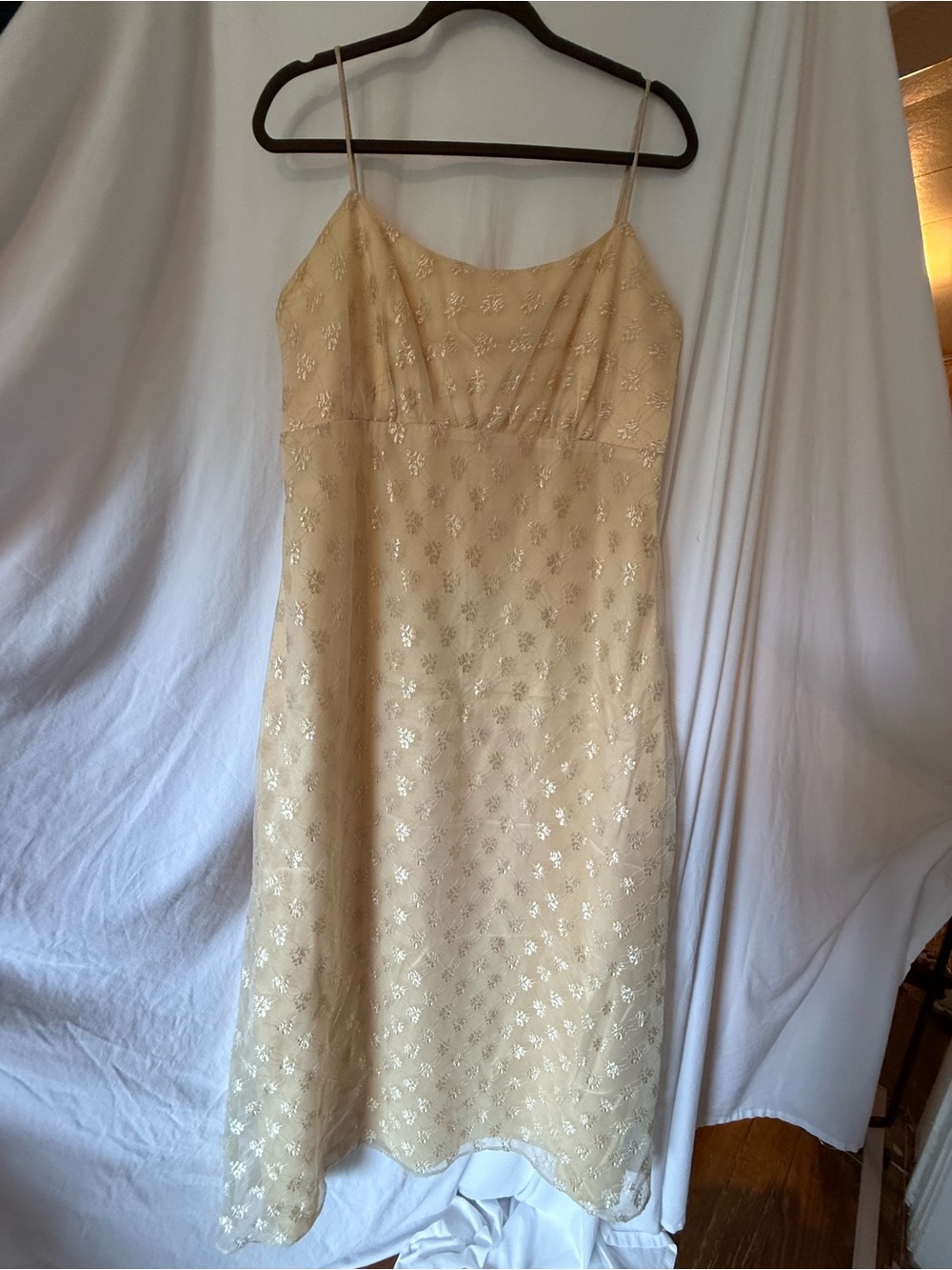 Elegant pale yellow Slip Dress with Metallic Floral Detail